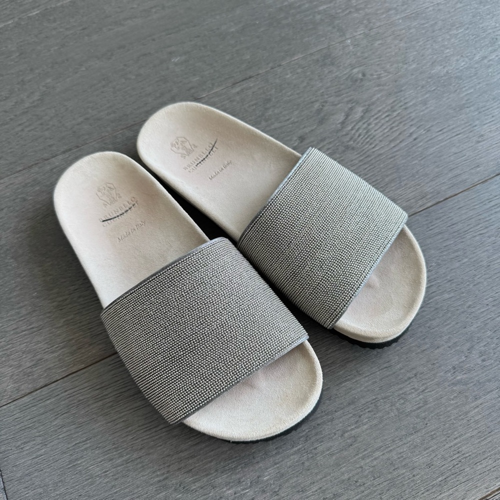 Brunello Cucinelli Bead-Embellished Suede Slides